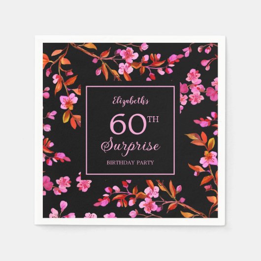 Cherry Blossom Sakura Surprise Zwart Verjaardag Servet (Voorkant)