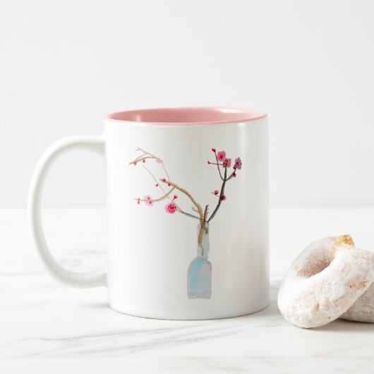 Cherry Blossom sakura waterverf art Tweekleurige Koffiemok (Met donut)