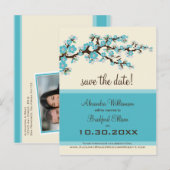 Cherry Blossom Save the Date Briefkaart (aqua) (Voorkant / Achterkant)