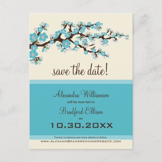 Cherry Blossom Save the Date Briefkaart (aqua) (Voorkant)