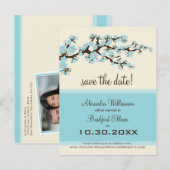 Cherry Blossom Save the Date Briefkaart (blauw) (Voorkant / Achterkant)