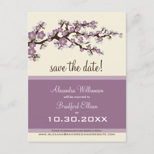 Cherry Blossom Save the Date Briefkaart (lila) (Voorkant)