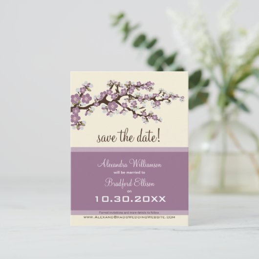 Cherry Blossom Save the Date Briefkaart (lila) (Staand voorkant)