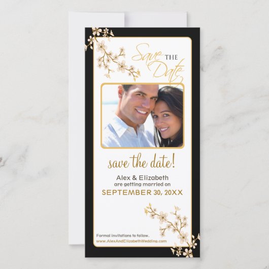 Cherry Blossom Save the Date Fotokaart (goud/zwart (Voorkant)