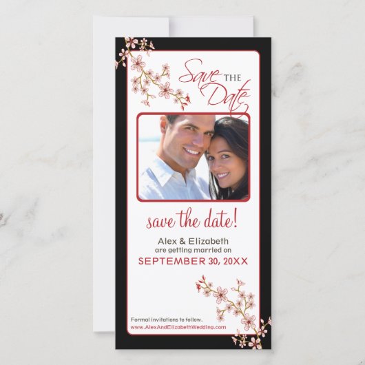Cherry Blossom Save the Date Fotokaart (rood/zwart (Voorkant)