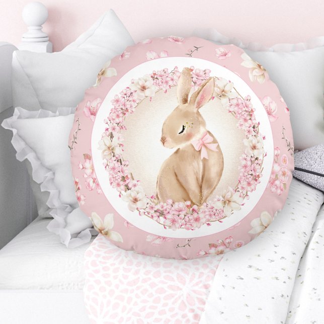 Cherry Blossom Schattige Bunny Roze Kwekerij Rond Kussen (Cherry Blossom Cute Bunny Pink Nursery Round Pillow)