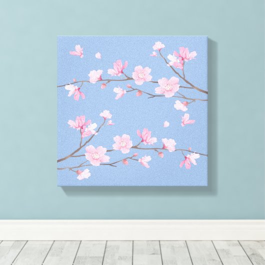 Cherry Blossom - Serenity Blue Canvas Afdruk (Insitu (Houten vloer))