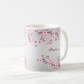 Cherry Blossom Silver Glitter Monogram Floral Koffiemok (Voorkant rechts)