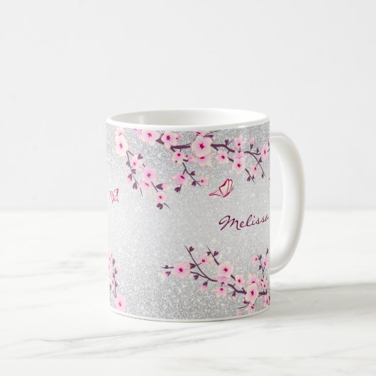 Cherry Blossom Silver Glitter Monogram Floral Koffiemok (Voorkant rechts)