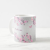 Cherry Blossom Silver Glitter Monogram Floral Koffiemok (Voorkant links)