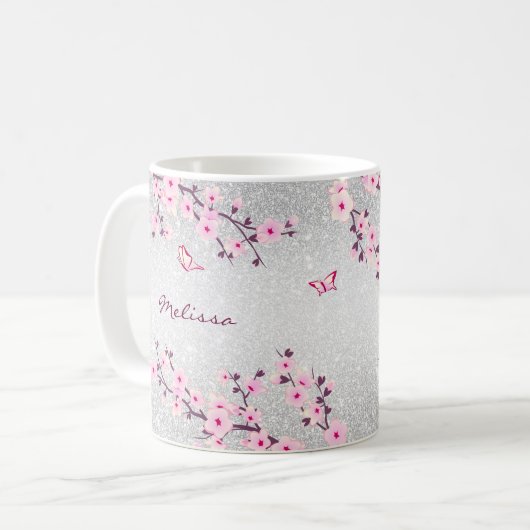 Cherry Blossom Silver Glitter Monogram Floral Koffiemok (Voorkant links)