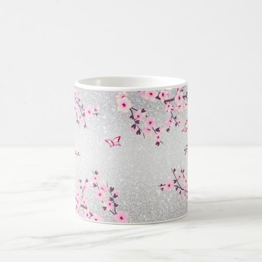 Cherry Blossom Silver Glitter Monogram Floral Koffiemok (Center)