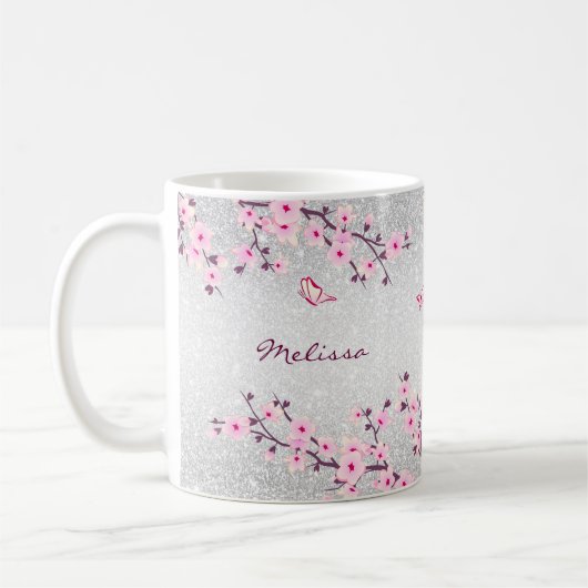 Cherry Blossom Silver Glitter Monogram Floral Koffiemok (Links)