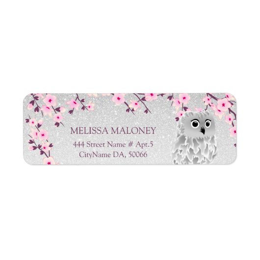 Cherry Blossom Silver Glitter Owl Etiket (Voorkant)