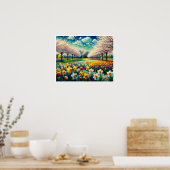Cherry Blossom Spring Daffodils Levendig Abstract Poster (Keuken)
