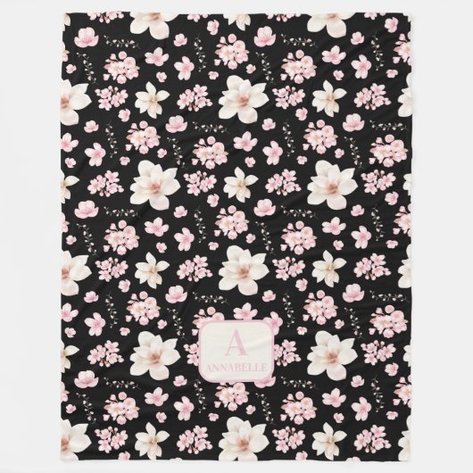 Cherry Blossom Spring Monogram Zwart Roze Fleece Deken (Voorkant)