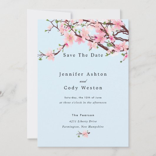 Cherry Blossom Spring Wedding Save the Date Blue (Voorkant)