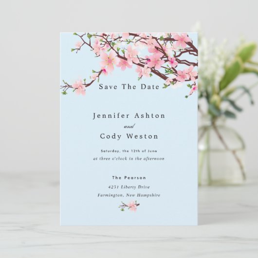 Cherry Blossom Spring Wedding Save the Date Blue (Staand voorkant)