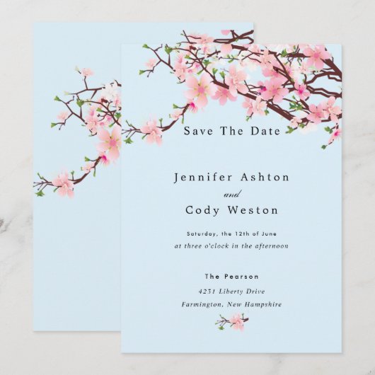 Cherry Blossom Spring Wedding Save the Date Blue (Voorkant / Achterkant)