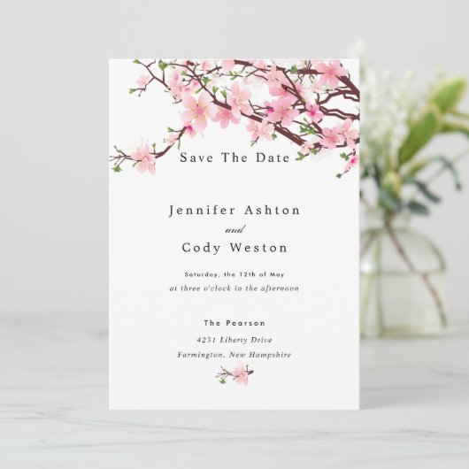 Cherry Blossom Spring Wedding Save the Date White (Staand voorkant)