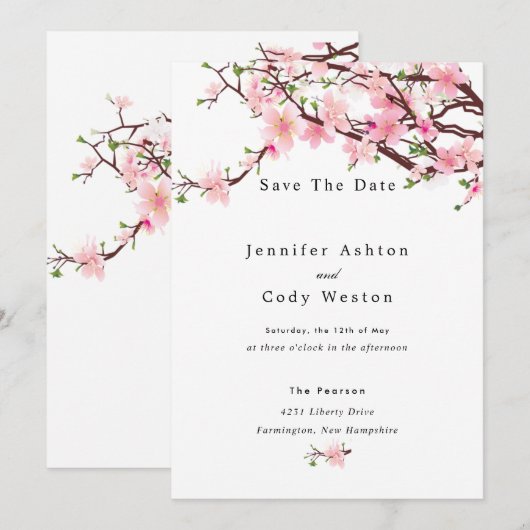 Cherry Blossom Spring Wedding Save the Date White (Voorkant / Achterkant)