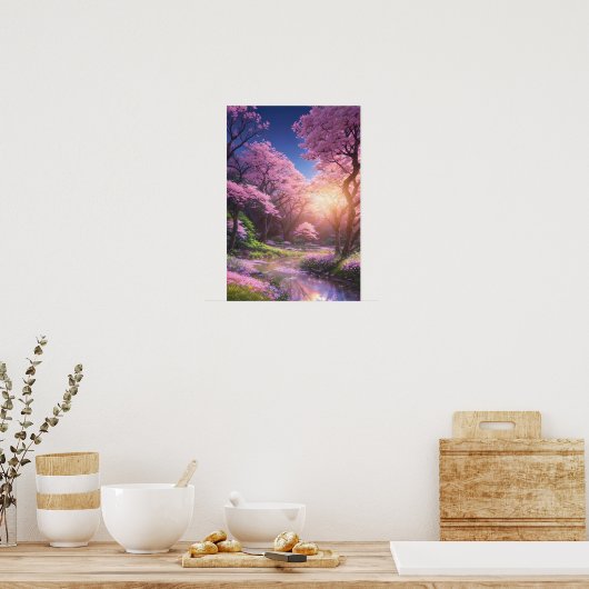 Cherry Blossom Stream met Sunset Glow Poster (Keuken)