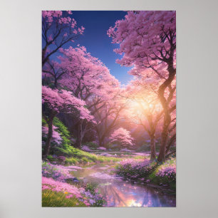 Cherry Blossom Stream met Sunset Glow Poster