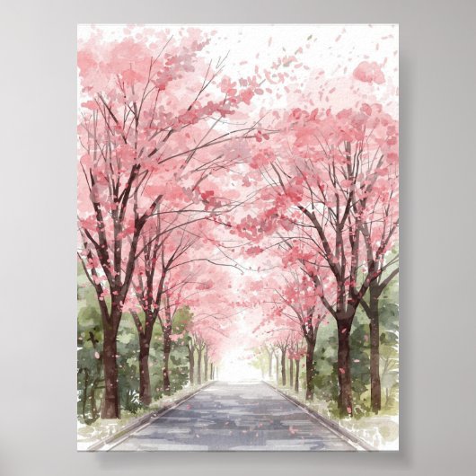 Cherry Blossom Street Waterverf Poster (Voorkant)