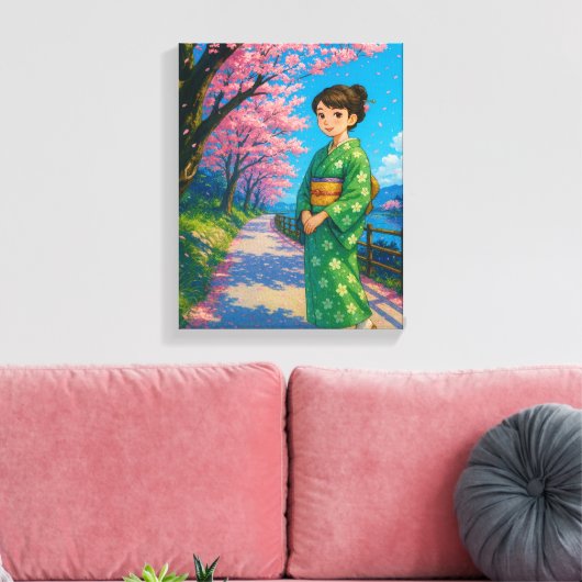 Cherry Blossom Stroll beroemd gemaakt door Kimono  Canvas Afdruk (Insitu (Woonkamer))