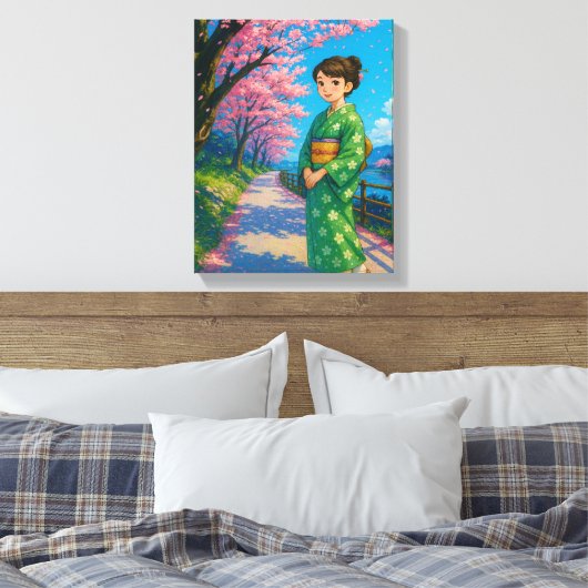Cherry Blossom Stroll beroemd gemaakt door Kimono  Canvas Afdruk (Insitu (Slaapkamer))