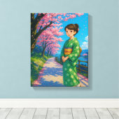 Cherry Blossom Stroll beroemd gemaakt door Kimono  Canvas Afdruk (Insitu (Houten vloer))