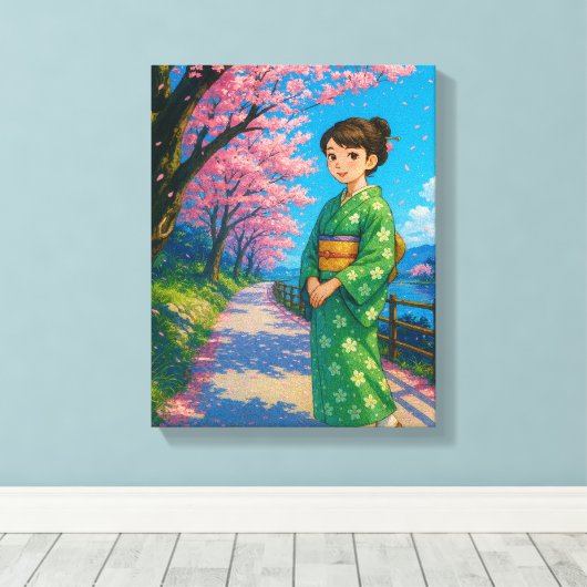 Cherry Blossom Stroll beroemd gemaakt door Kimono  Canvas Afdruk (Insitu (Houten vloer))