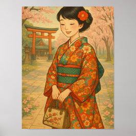 Cherry Blossom Stroll - Japans meisje in Kimono Poster