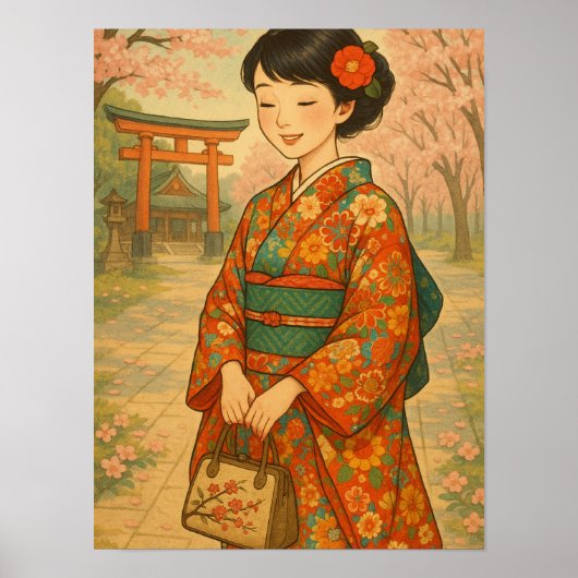 Cherry Blossom Stroll - Japans meisje in Kimono Poster (Voorkant)