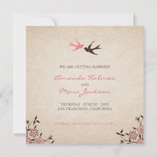 Cherry Blossom Swallows Save the Date Card (Achterkant)