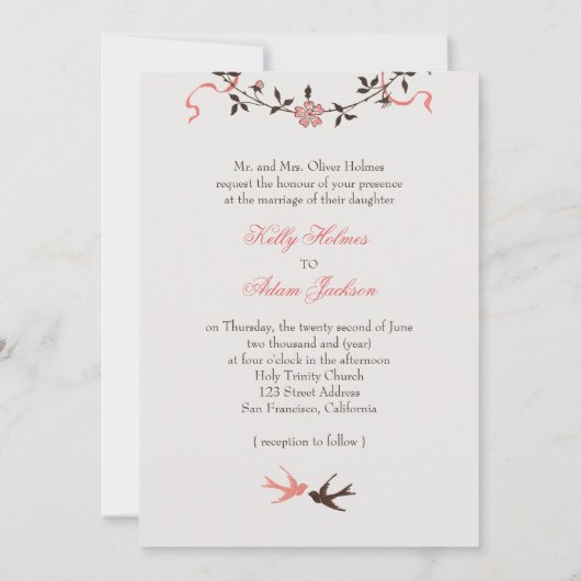 Cherry Blossom Swallows Wedding-uitnodiging Kaart (Achterkant)