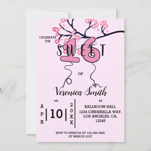 Cherry Blossom Sweet 16 Uitnodiging (Voorkant)