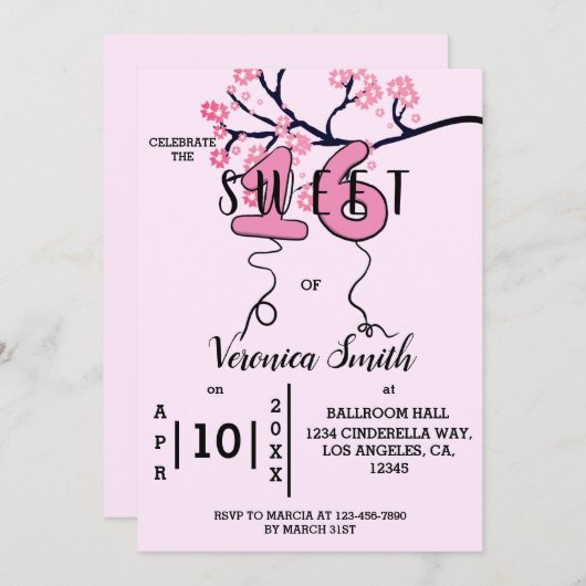Cherry Blossom Sweet 16 Uitnodiging (Voorkant / Achterkant)