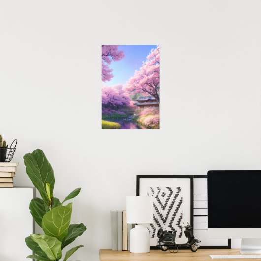 Cherry Blossom Tea House bij de rivier Poster (Thuiskantoor)