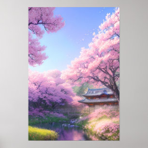 Cherry Blossom Tea House bij de rivier Poster