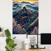 Cherry Blossom Temple in pointillistische stijl Poster (Thuiskantoor)