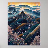 Cherry Blossom Temple in pointillistische stijl Poster (Voorkant)