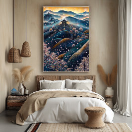 Cherry Blossom Temple in pointillistische stijl Poster