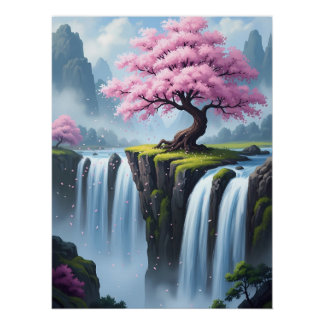 Cherry Blossom Tree Above Waterfalls Perfect Poster