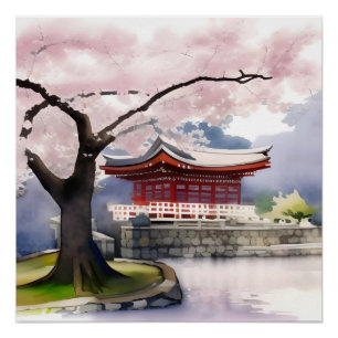 Cherry Blossom Tree and Pavilion Waterverf Perfect Poster