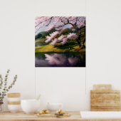 Cherry Blossom Tree at a Lake Poster (Keuken)