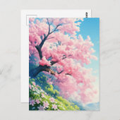 Cherry Blossom Tree on Sunny Green Hillside Briefkaart (Voorkant / Achterkant)
