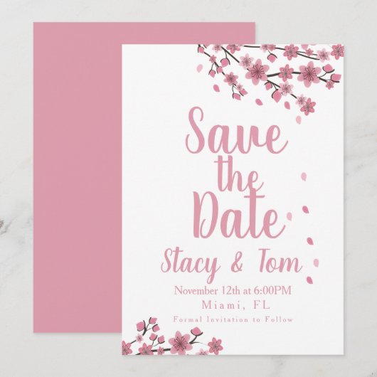 Cherry Blossom Tree Petals Save the Date Kaart (Voorkant / Achterkant)