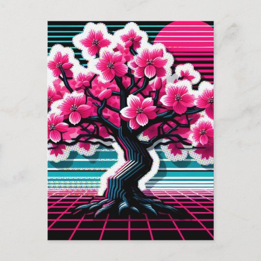Cherry Blossom Tree Synthwave 803 Briefkaart (Voorkant)