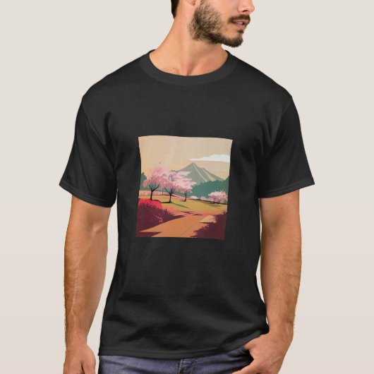 cherry blossom trees country side mountain minimal t-shirt (Voorkant)